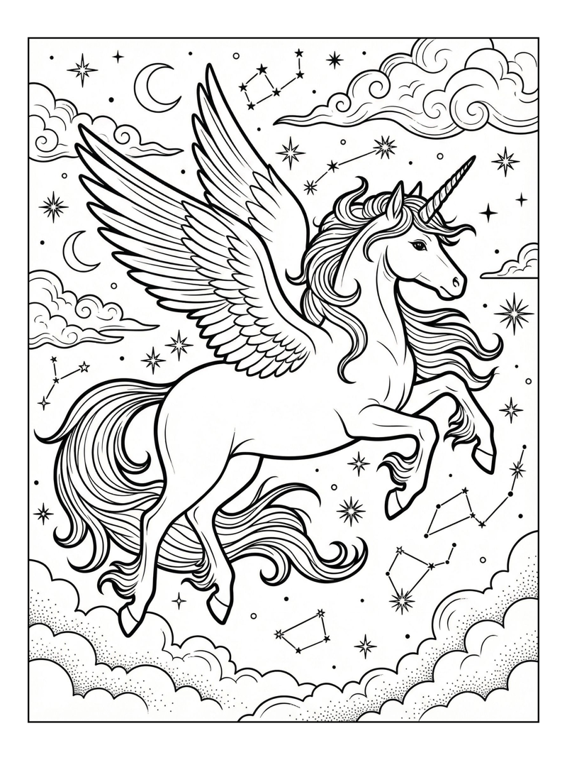 Sea Unicorn Flying Starry Night
