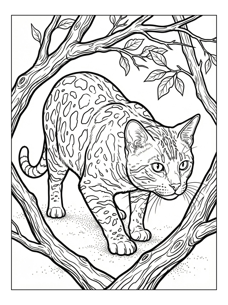 Bengal Cat Hunting Tree Branches