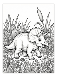 Triceratops Walks Through Grass Flowers