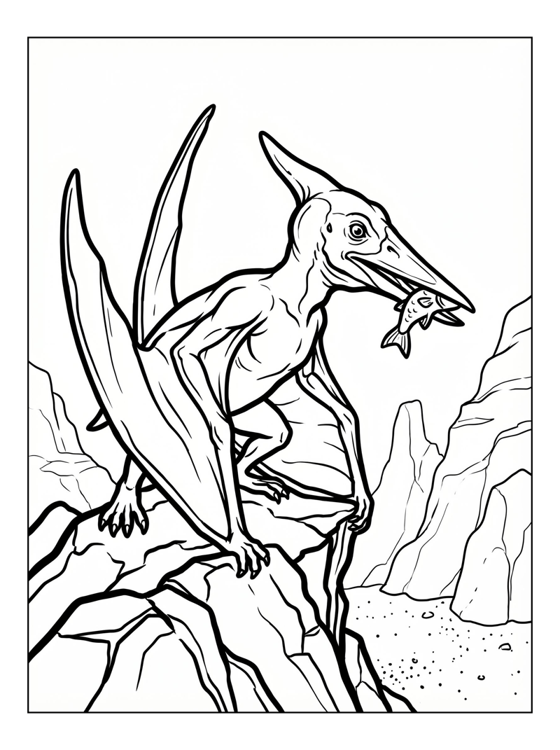 Baby Pterodactyl Fishing On Rocky Outcrop