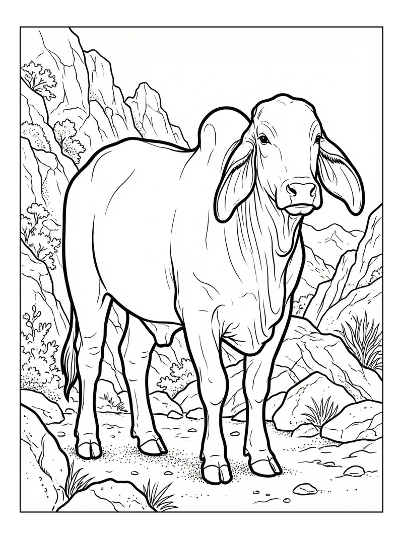 Brahman Cow Stands Among Mountains