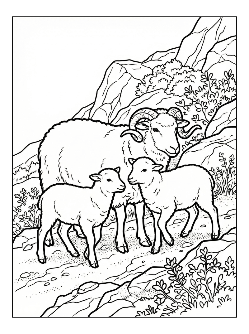 Woolly Sheep With Lambs On Mountain Slope