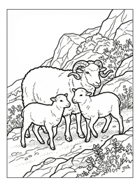 Woolly Sheep With Lambs On Mountain Slope