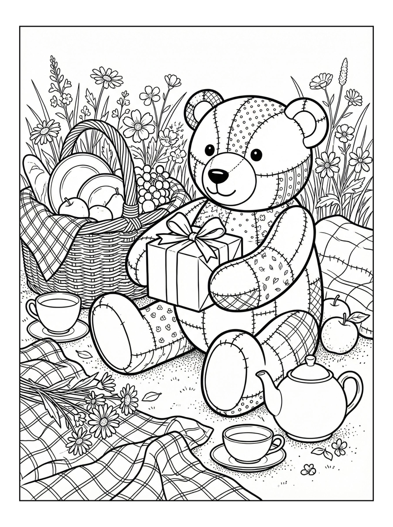Patchwork Teddy Bear Holding Gift At Picnic