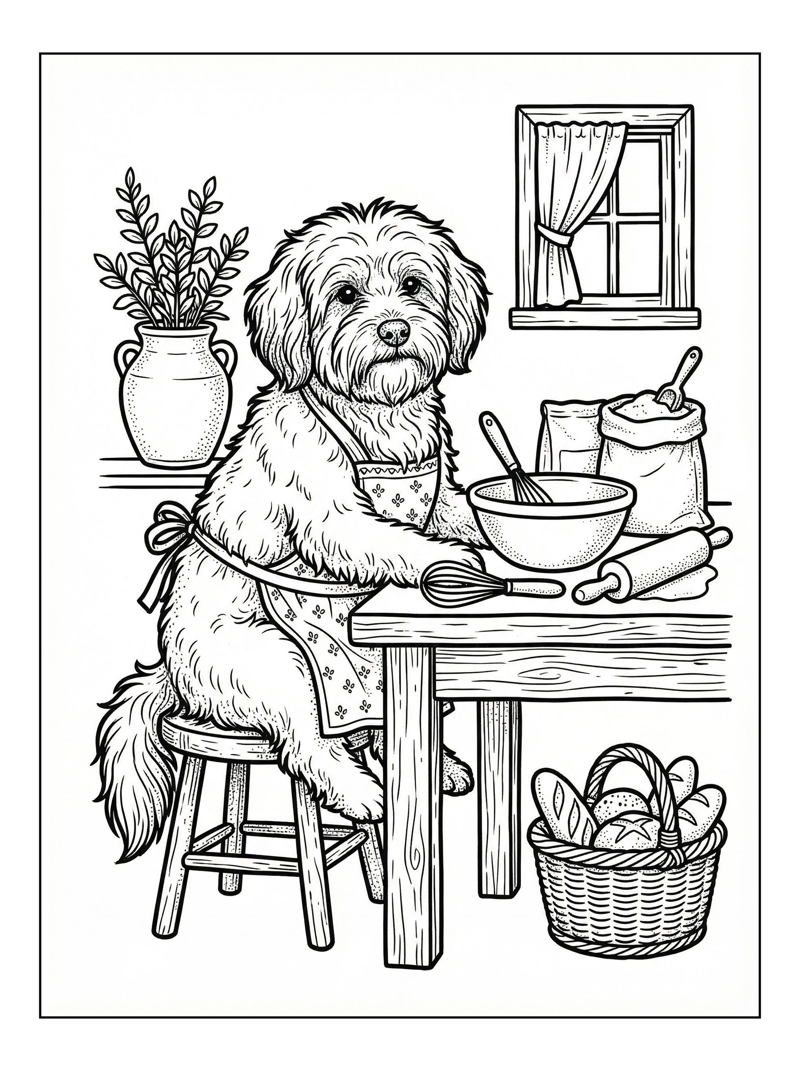 Coloring page of Havanese Dog Baking In Kitchen