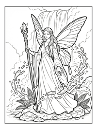 Forest Fairy Holding Wand By Waterfall