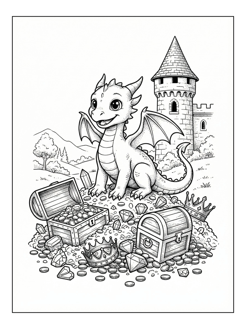 Baby Dragon Sitting On Treasure Pile