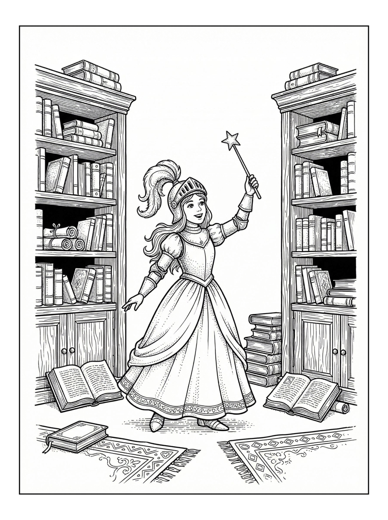 Knight Princess Holds Magic Wand In Library