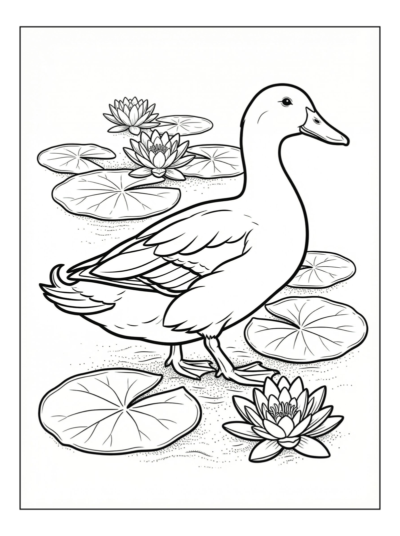 Pekin Duck Walks Among Water Lilies