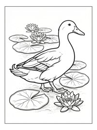 Pekin Duck Walks Among Water Lilies