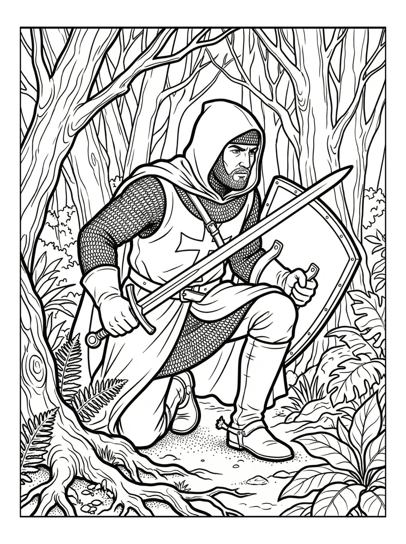 Crusader Knight Scouting Forest Clearing