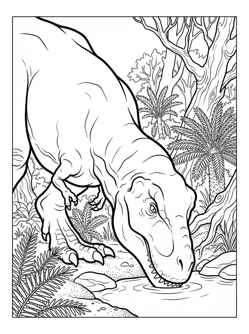 T-Rex Drinking In Prehistoric Jungle