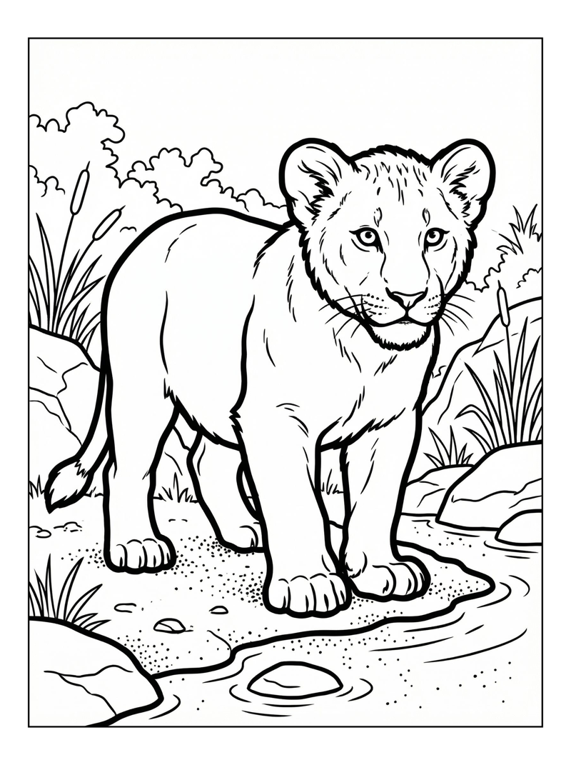 Lion Cub Standing By Watering Hole