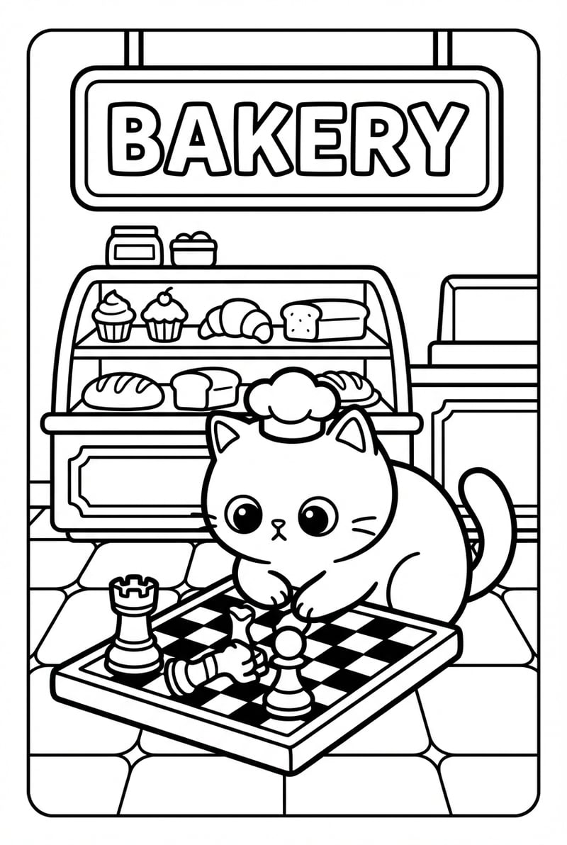 Cat Playing Chess In Bakery