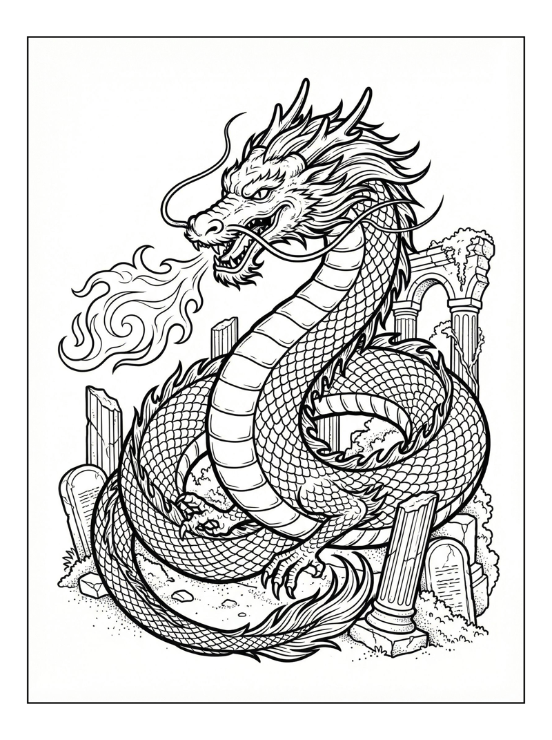 Eastern Dragon Breathing Fire Among Ruins