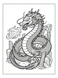 Eastern Dragon Breathing Fire Among Ruins