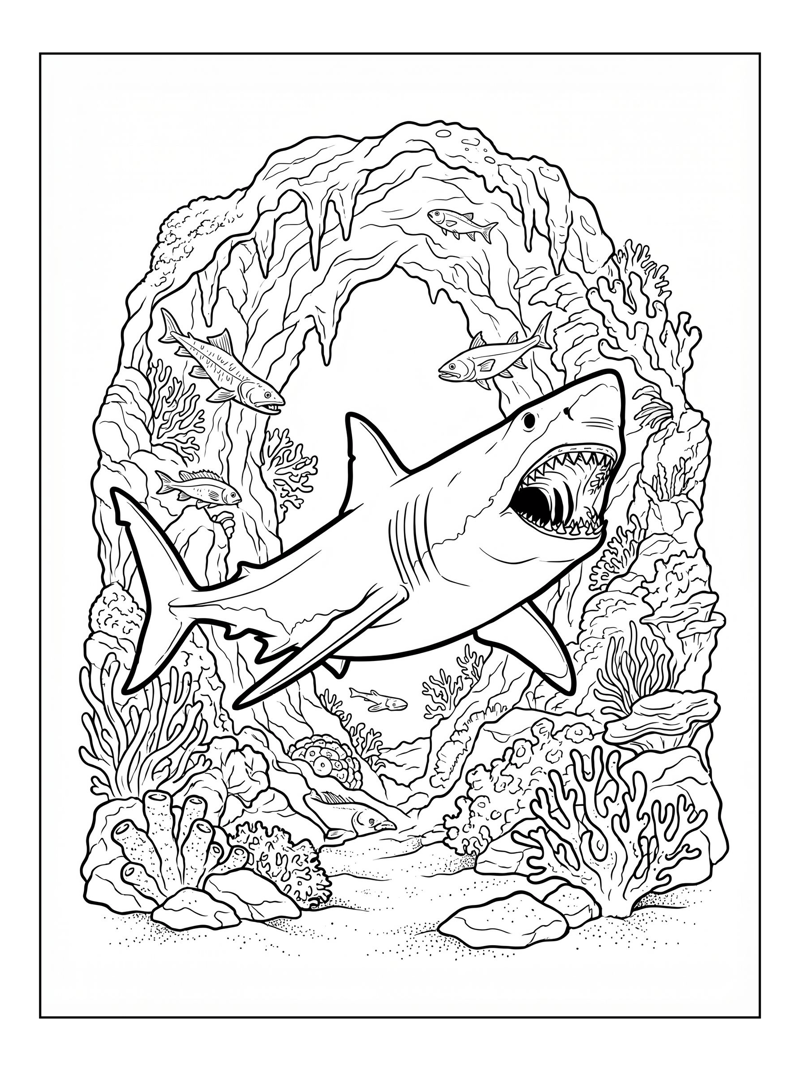 Megalodon Shark Feeding In Underwater Cave