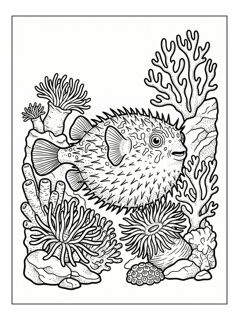 Pufferfish Swims Among Coral Sponges Anemones