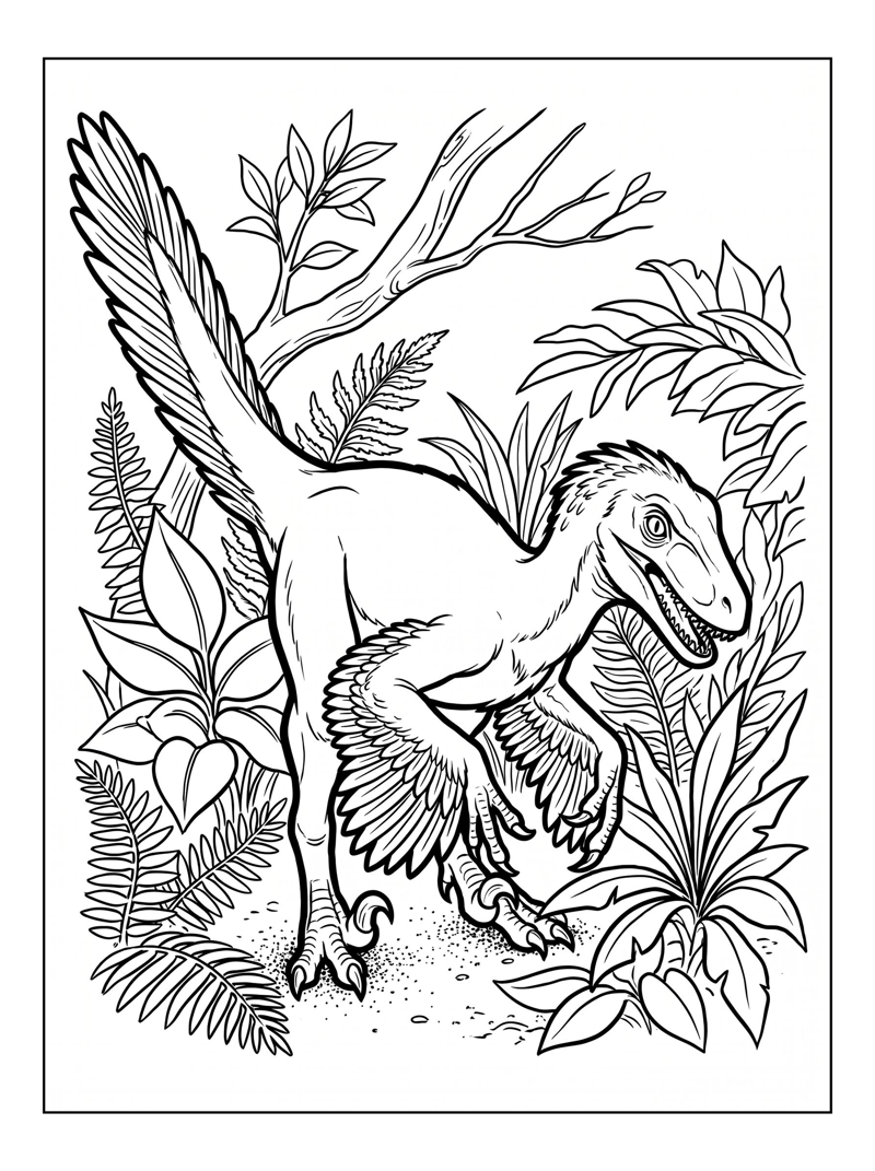 Feathered Velociraptor Foraging Prehistoric Jungle