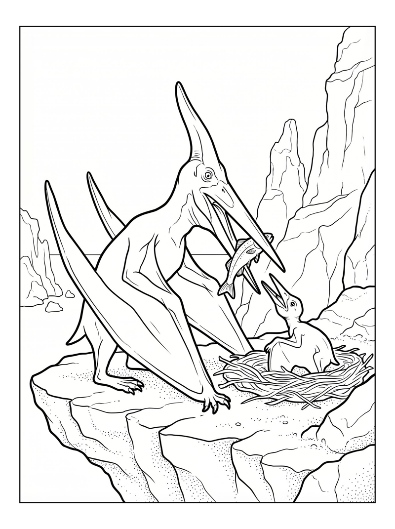 Pterodactyl Feeding Baby At Coastal Cliffs