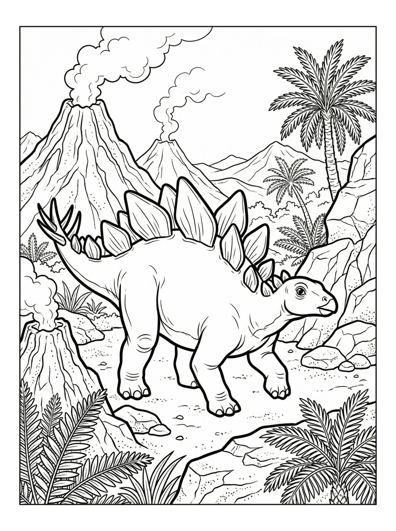 Baby Stegosaurus Walking Volcanic Landscape