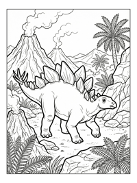 Baby Stegosaurus Walking Volcanic Landscape