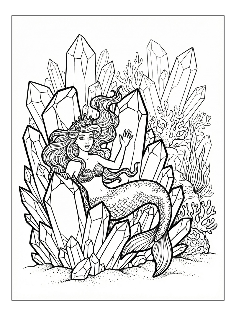 Mermaid Princess Waving Among Crystals