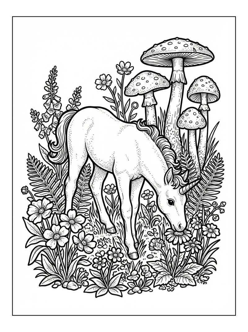 Baby Unicorn Foal Grazing Flowery Meadow