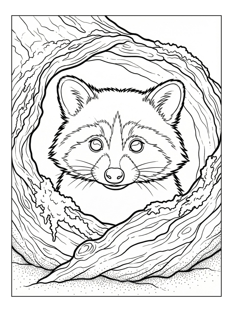 Baby Racoon Peeking From Hollow Log