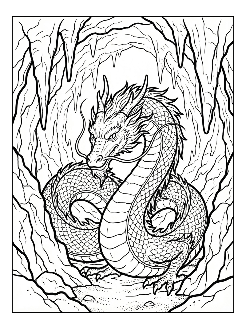 Eastern Dragon Coiled In Deep Cave