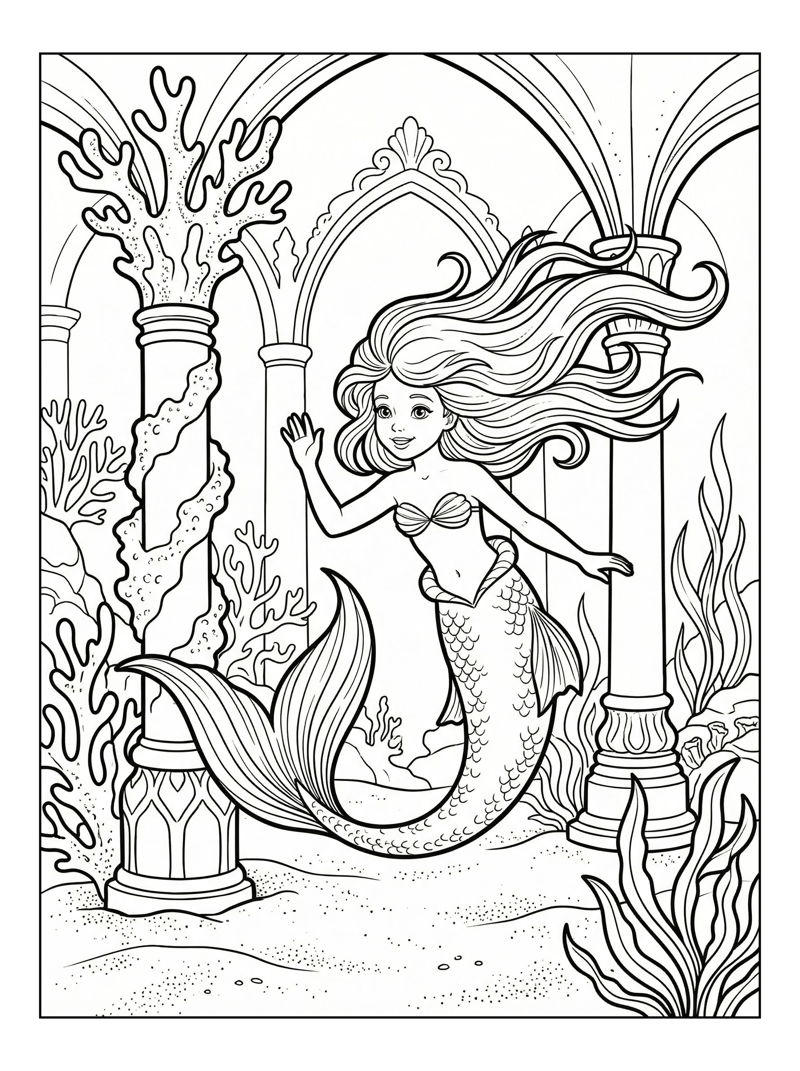 Little Mermaid Waving In Underwater Palace