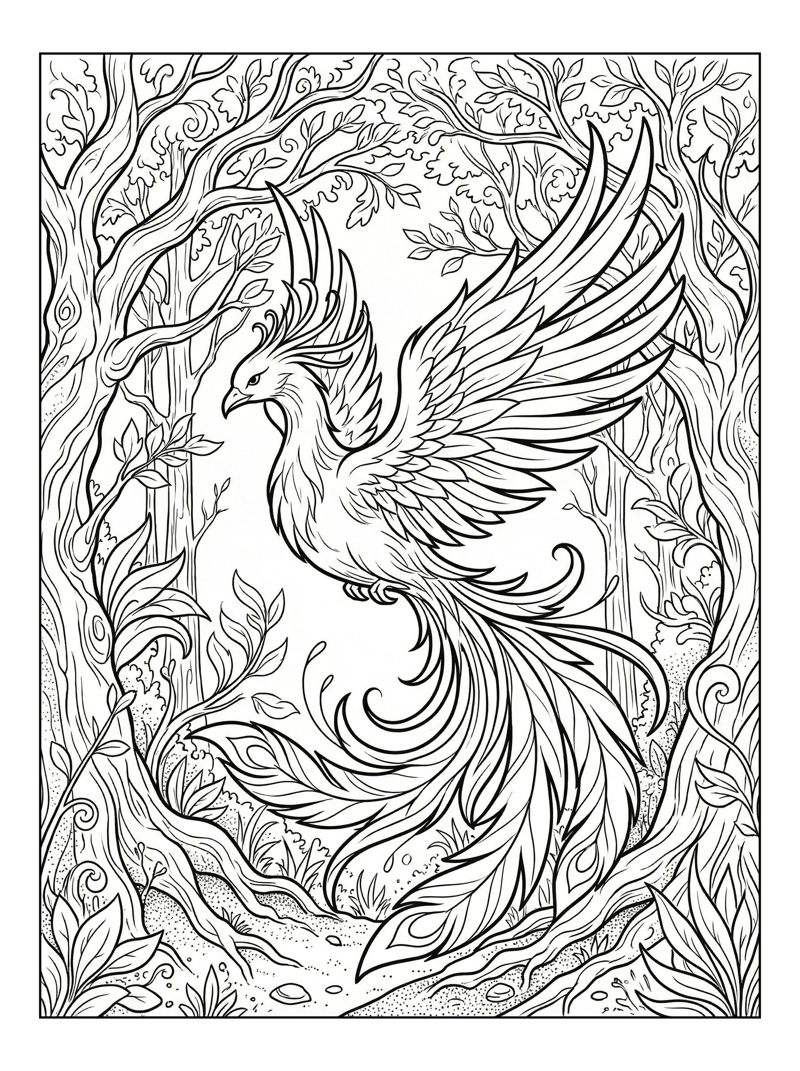 Phoenix Gliding Through Enchanted Forest