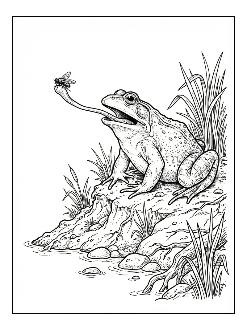 Bullfrog Catching Fly On Riverbank