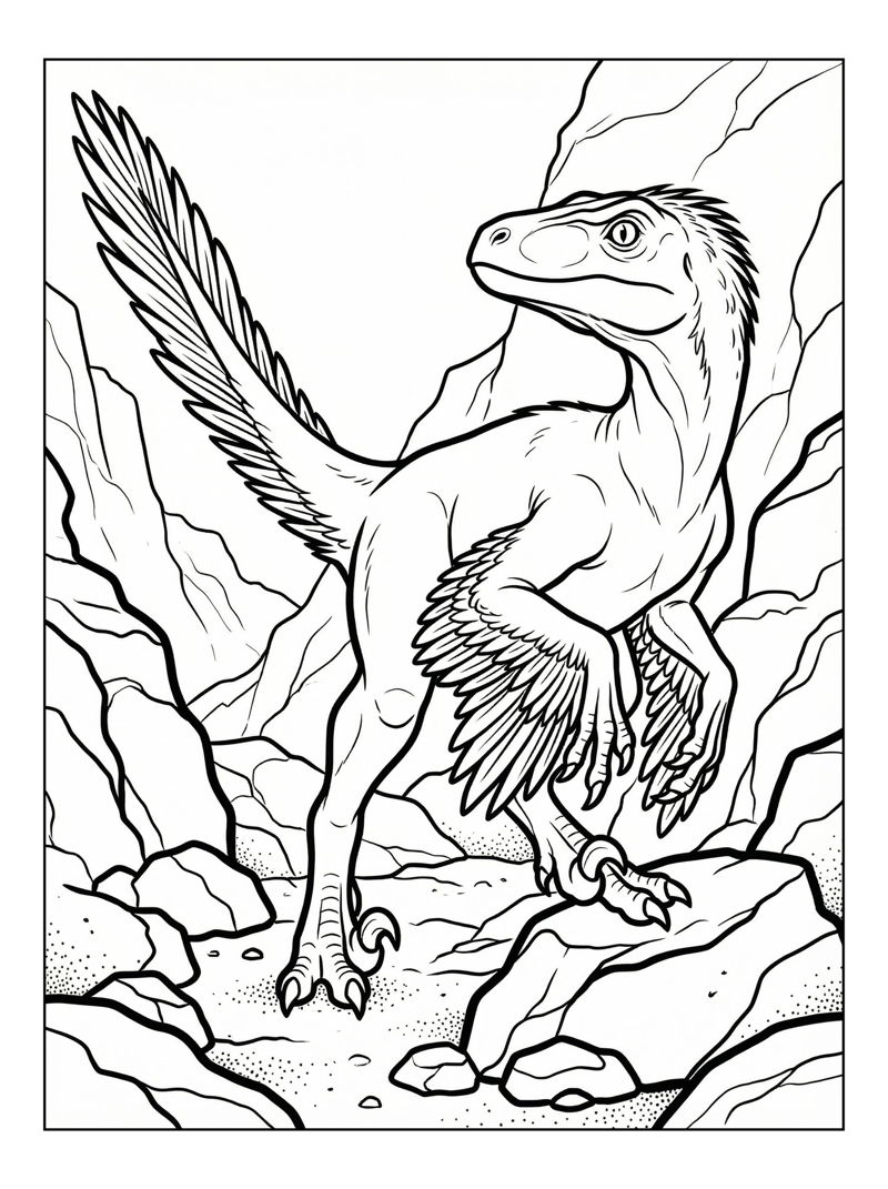 Juvenile Velociraptor Scanning Rocky Outcrop