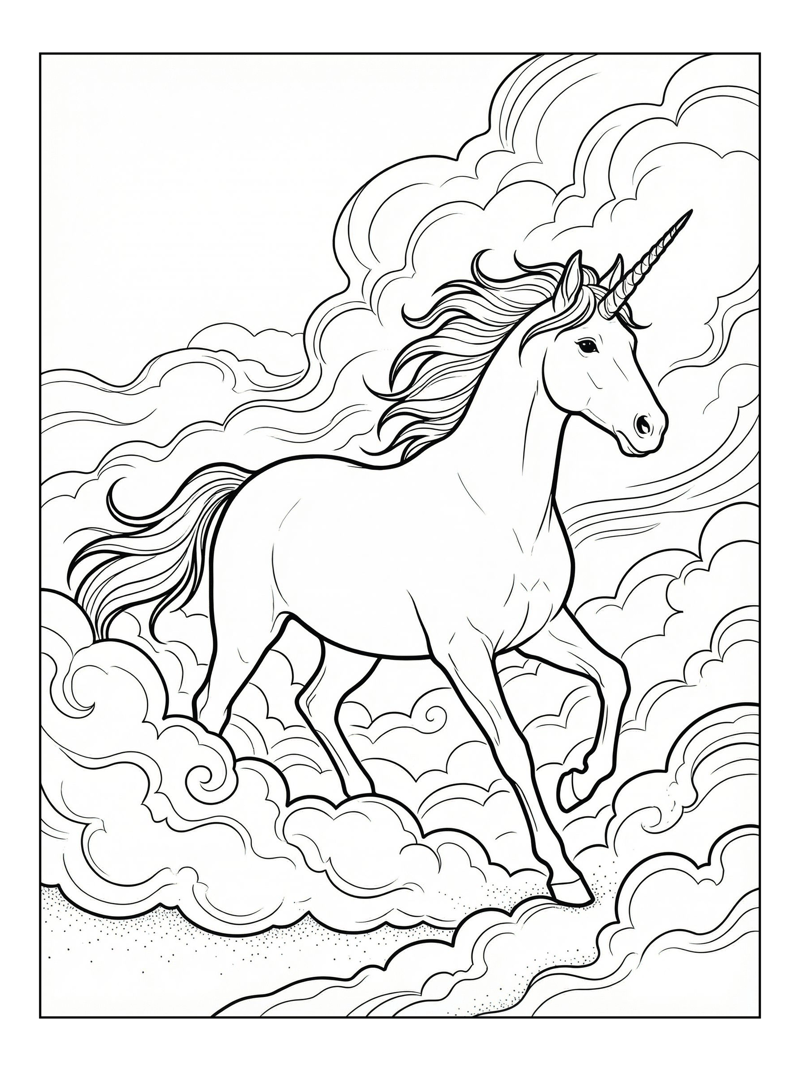 Regal Unicorn Trotting In Clouds