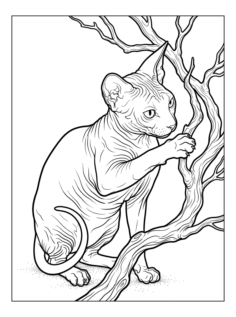 Sphynx Cat Playing With Tree Branch