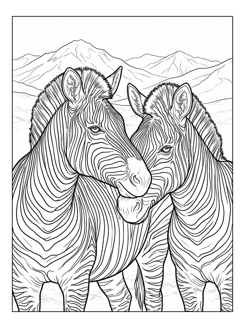 Zebras Nuzzling By Mountains