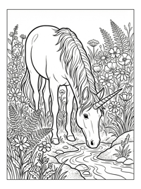 Unicorn Drinking In Forest Meadow