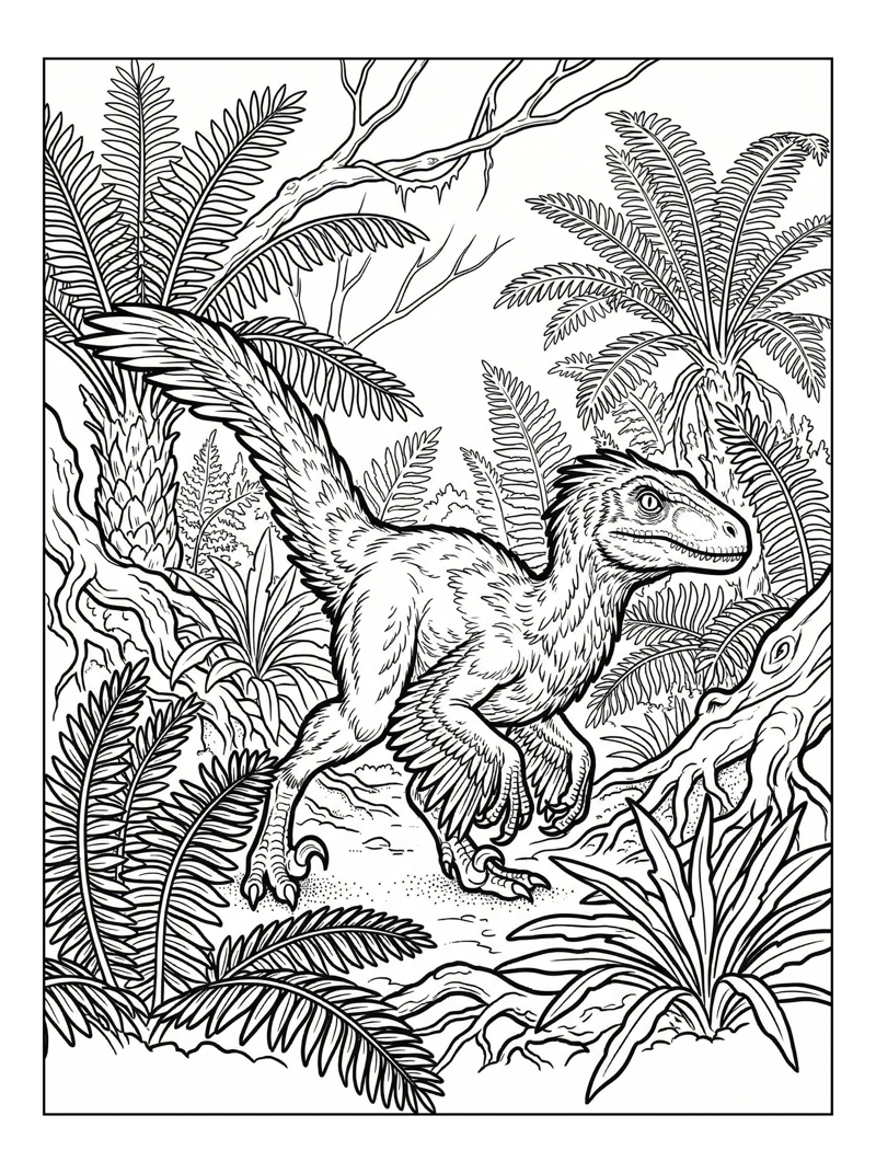 Feathered Velociraptor Prowling Jungle