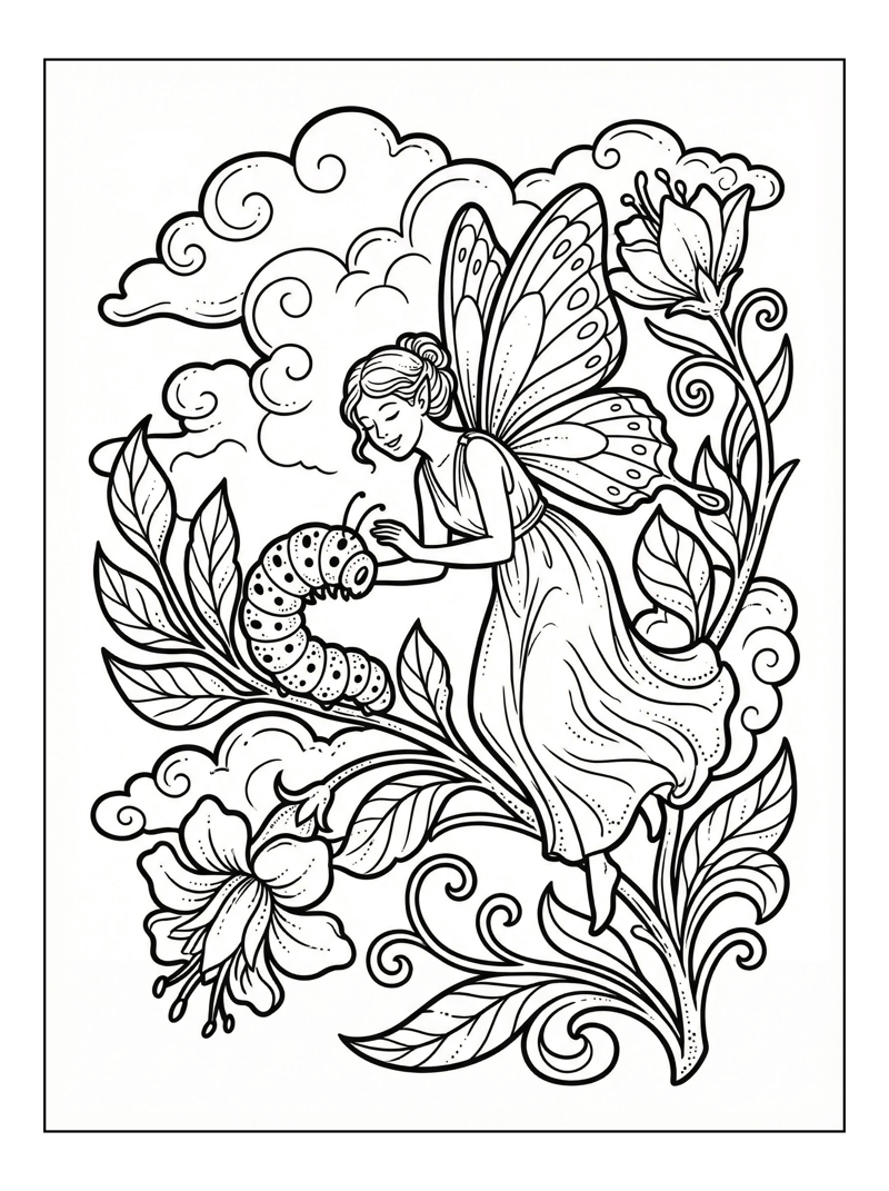 Fairy Watching Caterpillar Among Flowers