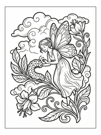 Fairy Watching Caterpillar Among Flowers