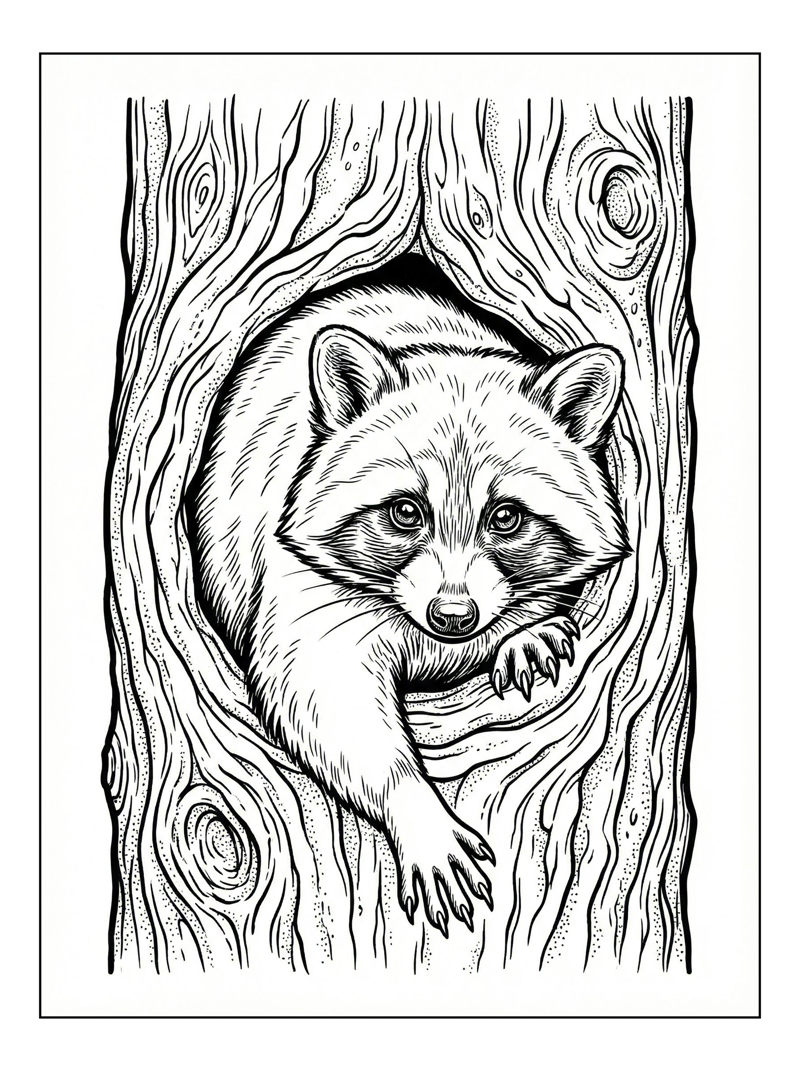 Racoon Peeking From Hollow Log