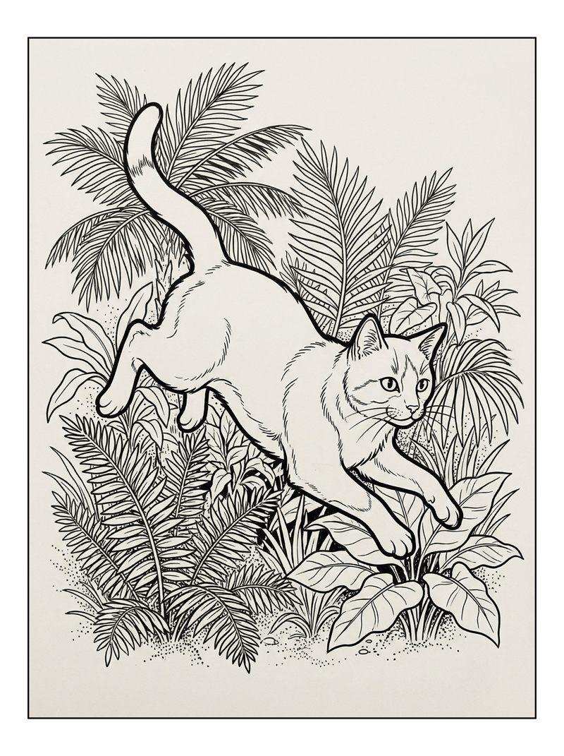 Tuxedo Cat Pouncing In Tropical Jungle