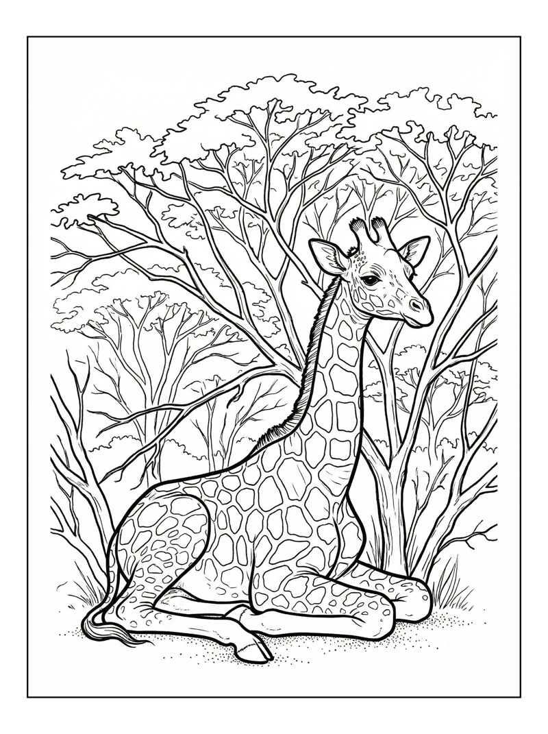 Baby Giraffe Resting Among Acacia Trees