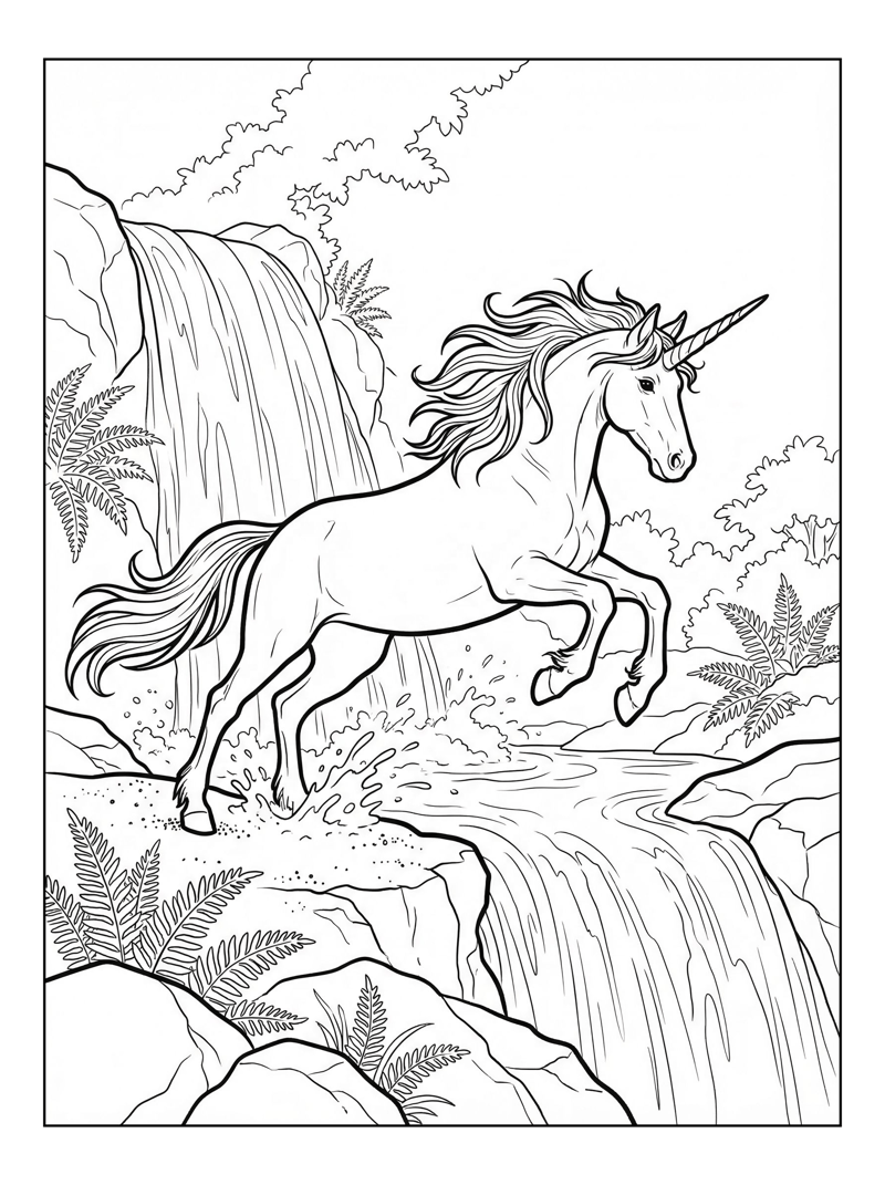 Unicorn Leaping Over Waterfall Pool