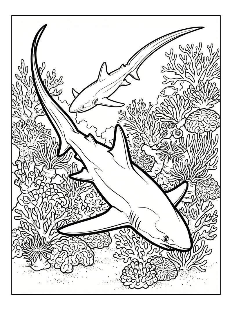 Thresher Sharks Swimming Coral Reef
