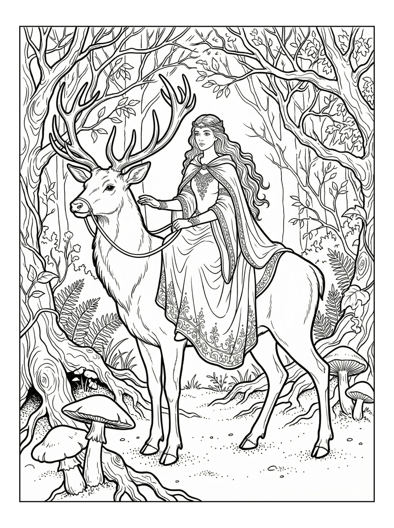 Princess Riding Stag Through Enchanted Forest