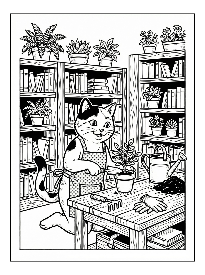 Calico Cat Potting Plant In Library