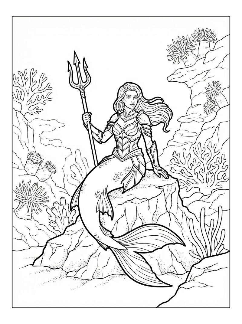 Mermaid Warrior With Trident On Rock