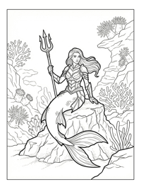 Mermaid Warrior With Trident On Rock